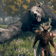 A massive bear in a misty wood attacks a fantasy warrior.
